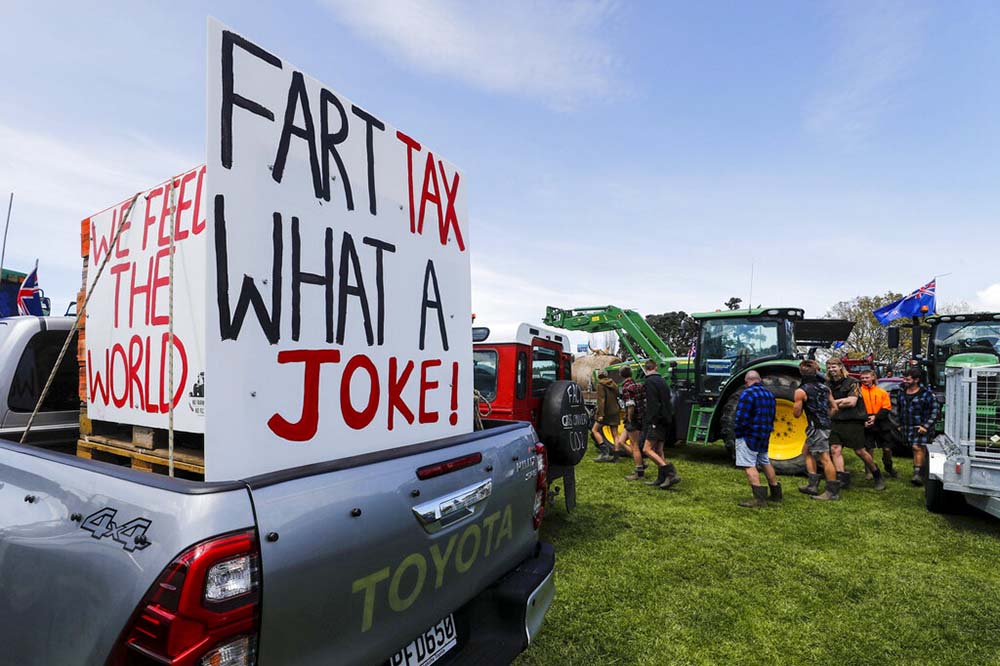 New Zealand farmers hit streets to protest cow-burp tax plan
