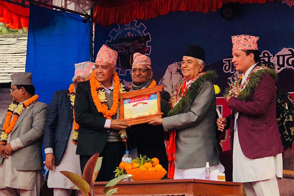 FNCCI President Dhakal and Prabhu Bank CEO Sherchan honoured in Baglung